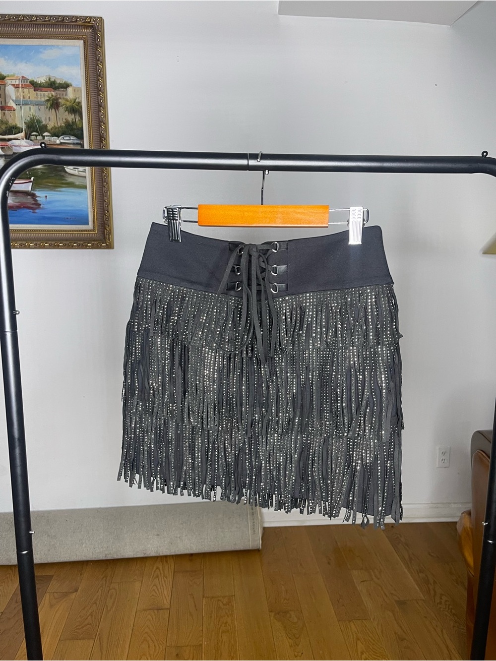 POSTER GIRL Black Fringe Lace-Up Mini Skirt with Stud Detailing